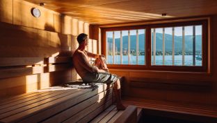 Mann genießt Sauna mit Seeblick am Wolfgangsee im Hotel Cortisen